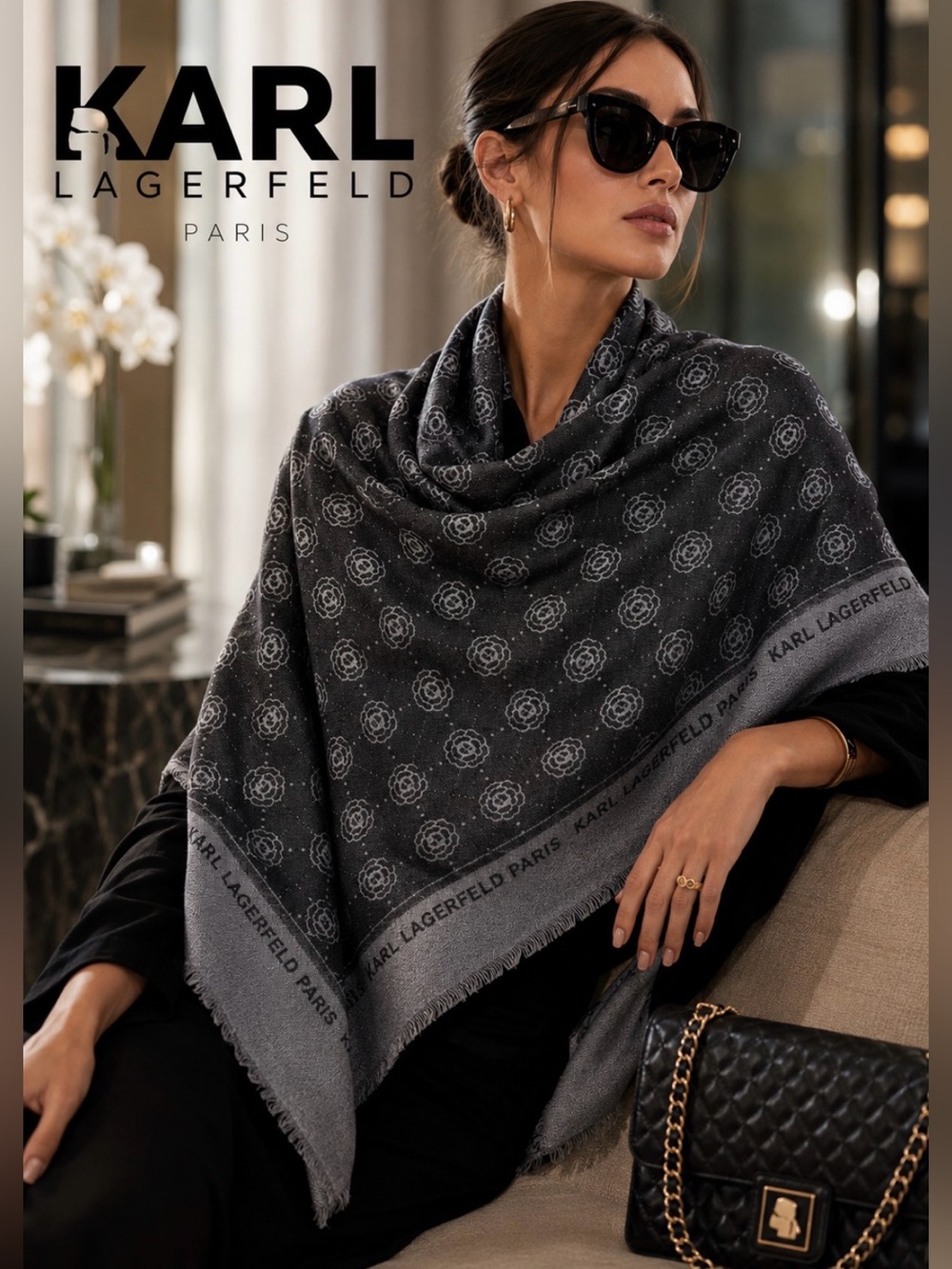 Karl Lagerfeld Paris Monogram Rose Print Oversized Wrap Scarf Gray Black Fringe